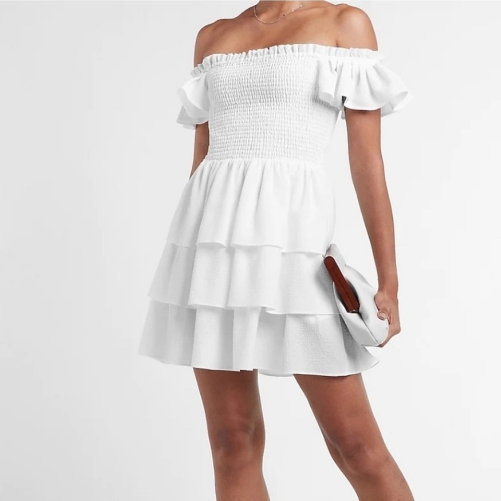 Express White Off Shoulder Ruffle Tiered Dress, Size S